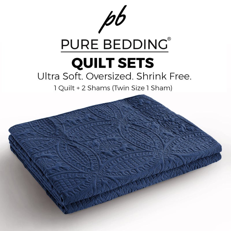 Pure Bedding Quilt Set Full/Queen Size Navy - Oversized Bedspread - Soft Microfiber Lightweight Coverlet for All Season - 3 Piece Includes 1 Quilt and 2 Shams, Geometric Pattern - Image 5
